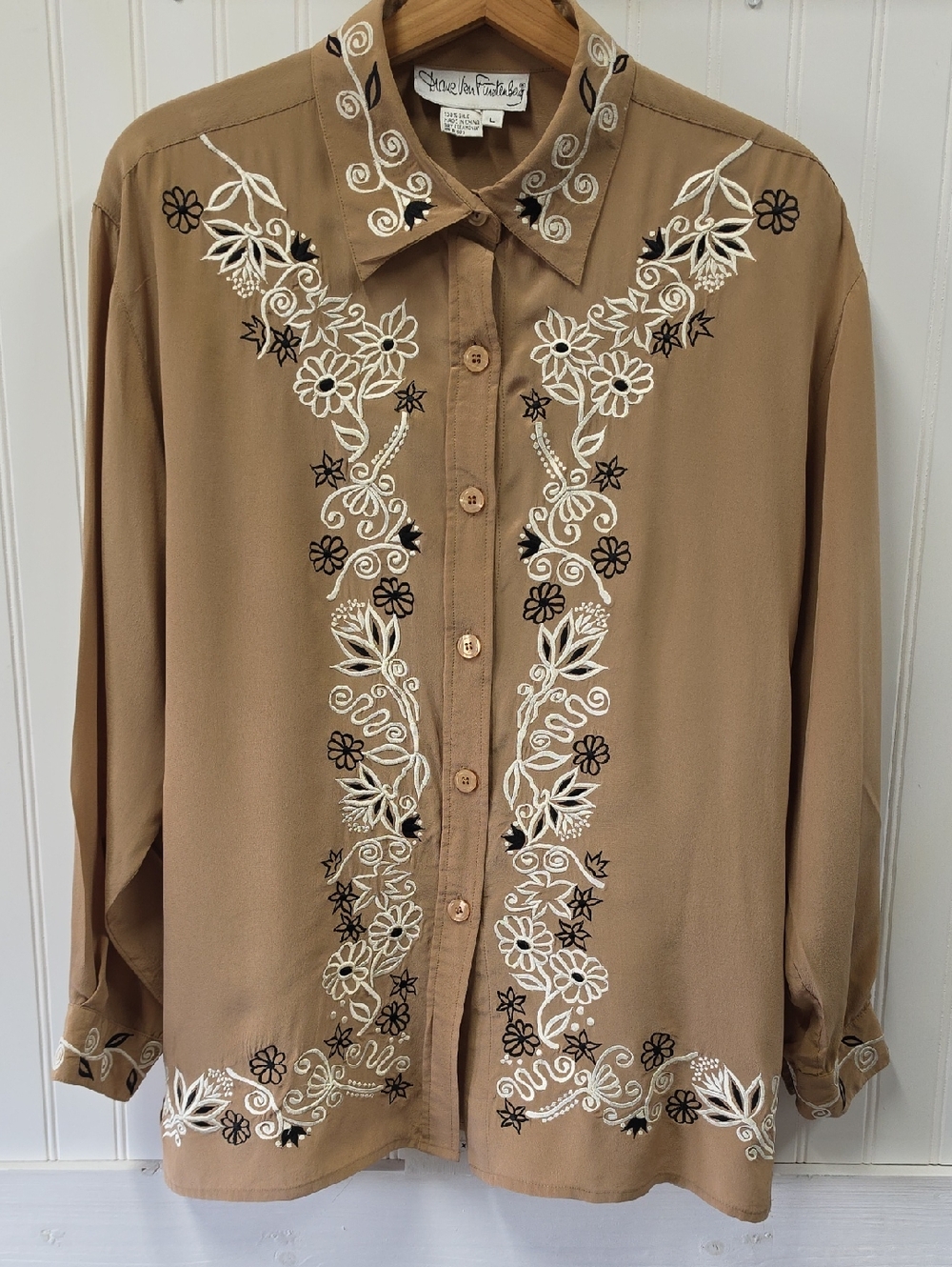 Diane Von Furstenberg Western Vintage Silk Tan White Embroidered Blouse Size L